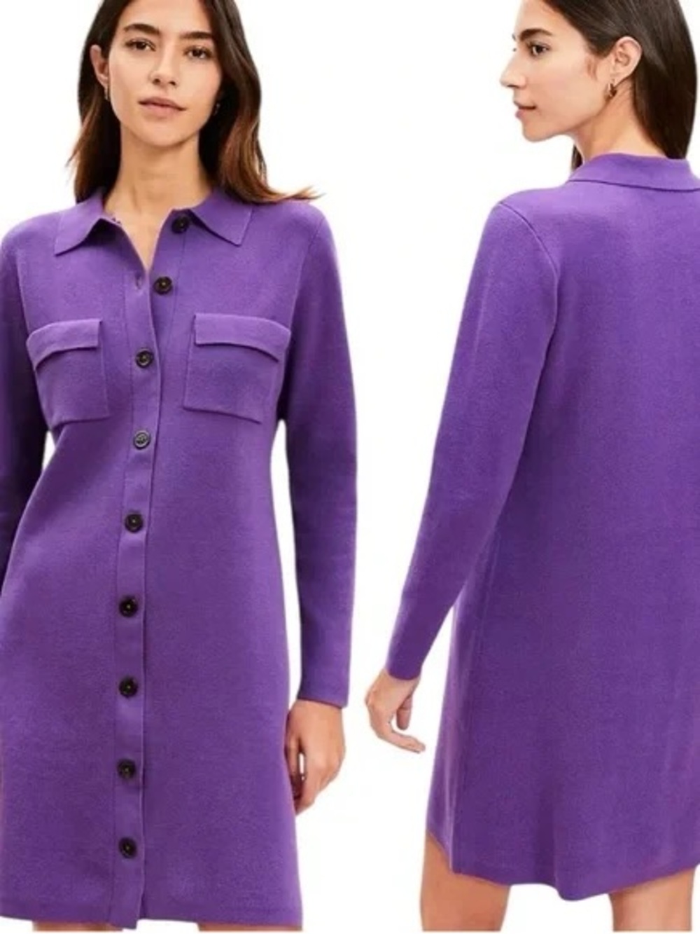 LOFT Pocket Button Down Sweater Dress Purple Size Large
